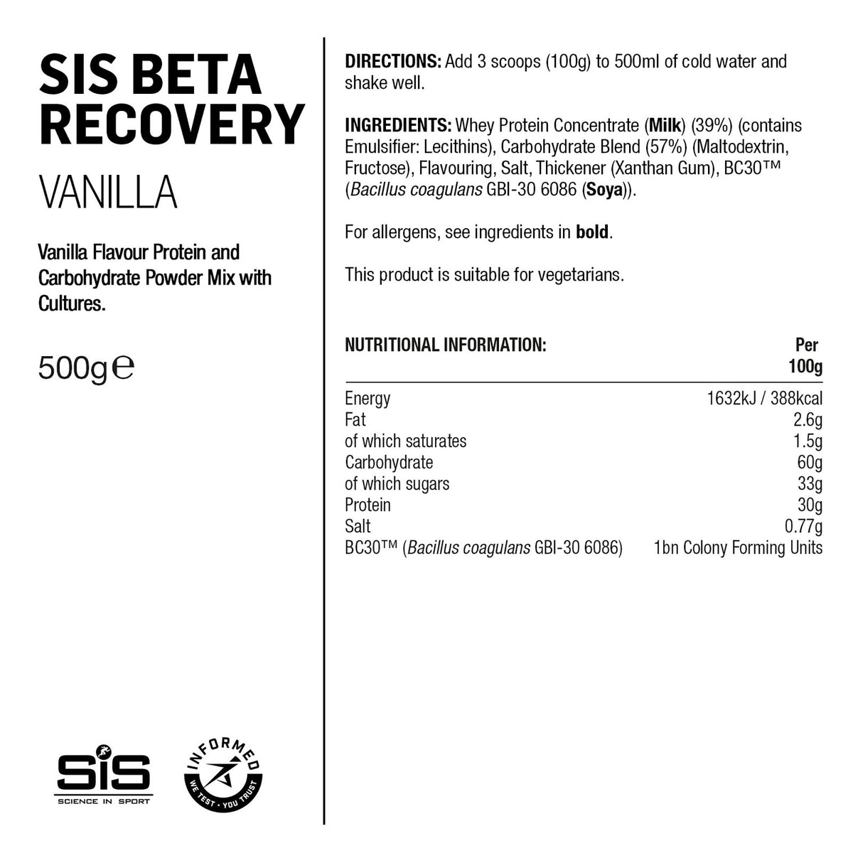 SIS BETA Fuel Polvo Recuperador 500g Vainilla #2