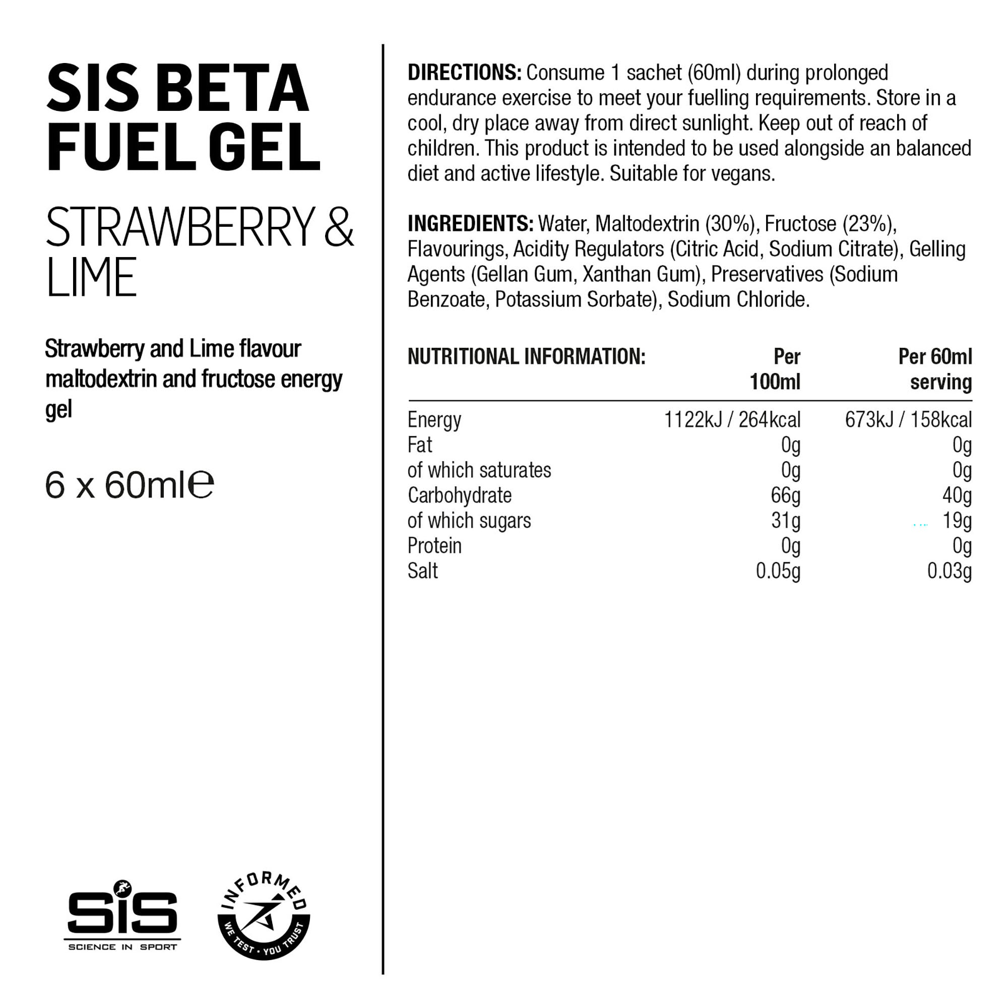 SIS BETA Fuel Gel Energético 6x60ml Fresa/Lima #2