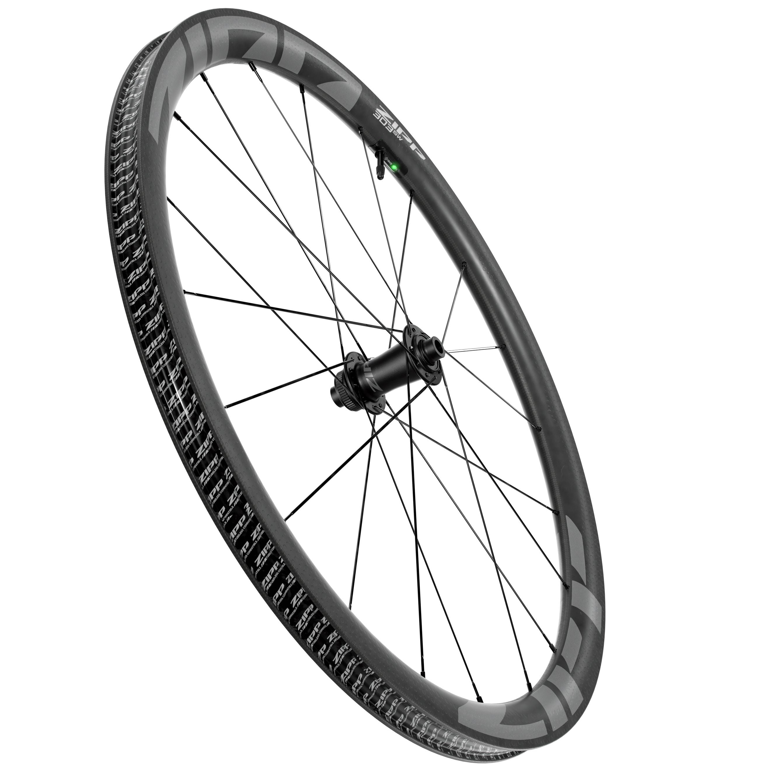 Rueda Delantera Zipp 303 SW Tubeless Hookless Freno Disco Center Lock 12x100mm Sensor AXS Carbono Negro